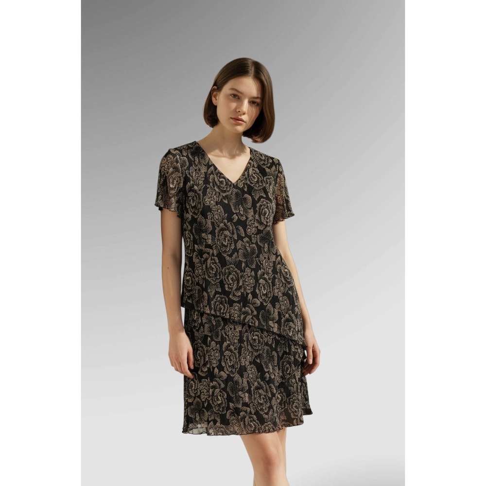 Dressbarn Womens Black Gold Floral Tiered Pleated V-Neck Cocktail‎ Dress Size 12